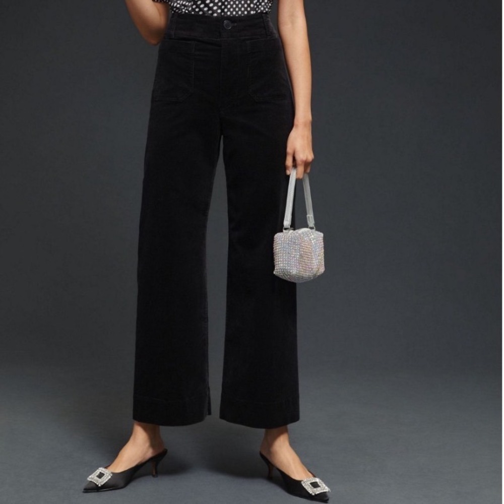 Maeve Anthropologie The Colette Black Corduroy Wide Leg Cropped Pants Size 26
